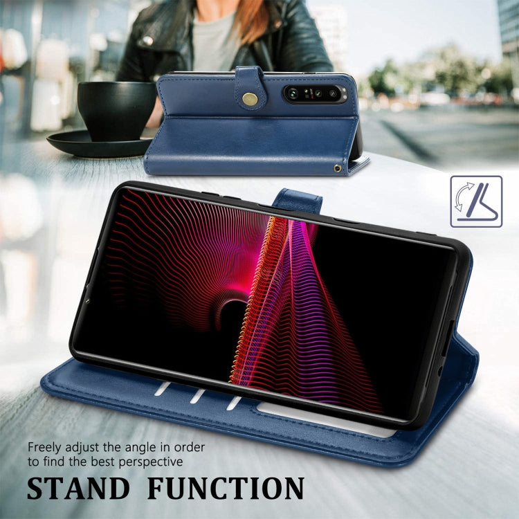 For Sony Xperia 1 III Solid Color Leather Buckle Phone Case with Lanyard & Photo Frame & Card Slot & Wallet & Stand Function
