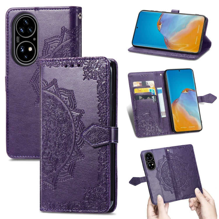 For Huawei P50 Mandala Flower Embossed Horizontal Flip Leather Case with Bracket / Card Slot / Wallet / Lanyard