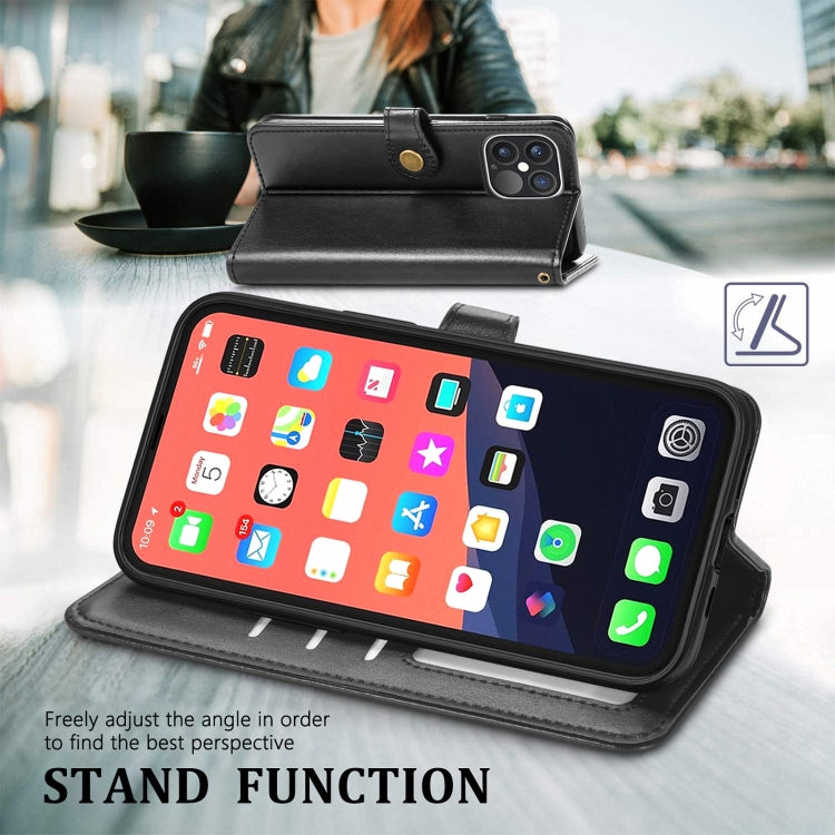 For iPhone 13 Pro Max  Solid Color Leather Buckle Phone Case with Lanyard & Photo Frame & Card Slot & Wallet & Stand Function