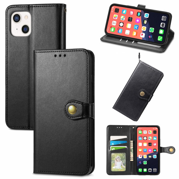For iPhone 13 Solid Color Leather Buckle Phone Case with Lanyard & Photo Frame & Card Slot & Wallet & Stand Function