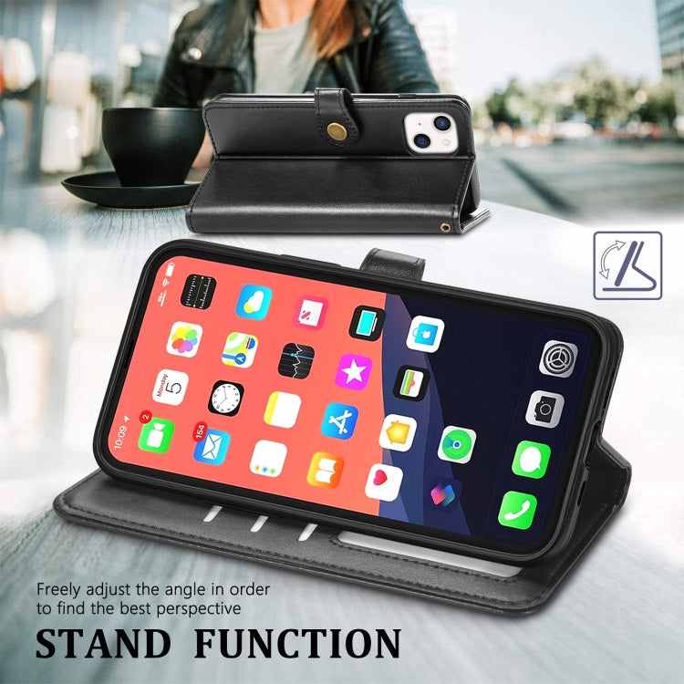 For iPhone 13 Solid Color Leather Buckle Phone Case with Lanyard & Photo Frame & Card Slot & Wallet & Stand Function