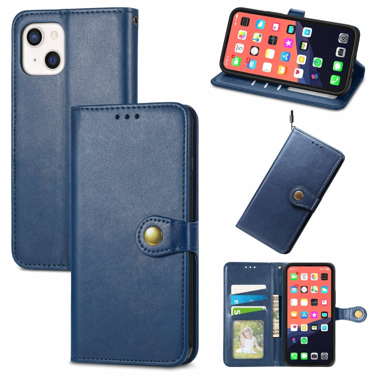 For iPhone 13 Solid Color Leather Buckle Phone Case with Lanyard & Photo Frame & Card Slot & Wallet & Stand Function