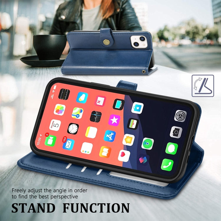 For iPhone 13 Solid Color Leather Buckle Phone Case with Lanyard & Photo Frame & Card Slot & Wallet & Stand Function