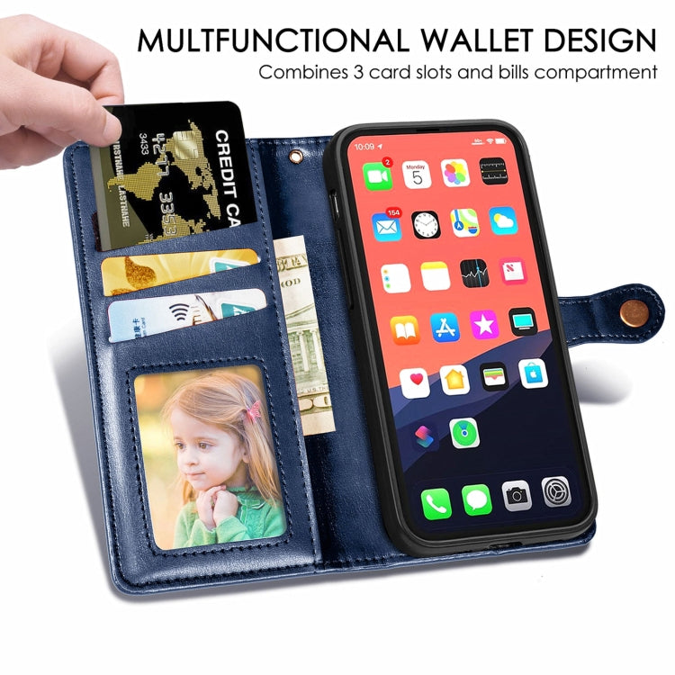 For iPhone 13 Solid Color Leather Buckle Phone Case with Lanyard & Photo Frame & Card Slot & Wallet & Stand Function