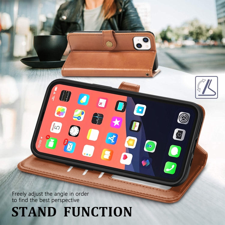 For iPhone 13 Solid Color Leather Buckle Phone Case with Lanyard & Photo Frame & Card Slot & Wallet & Stand Function