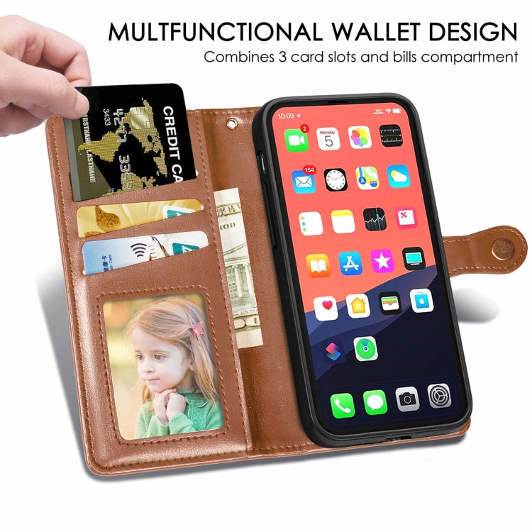 For iPhone 13 Solid Color Leather Buckle Phone Case with Lanyard & Photo Frame & Card Slot & Wallet & Stand Function