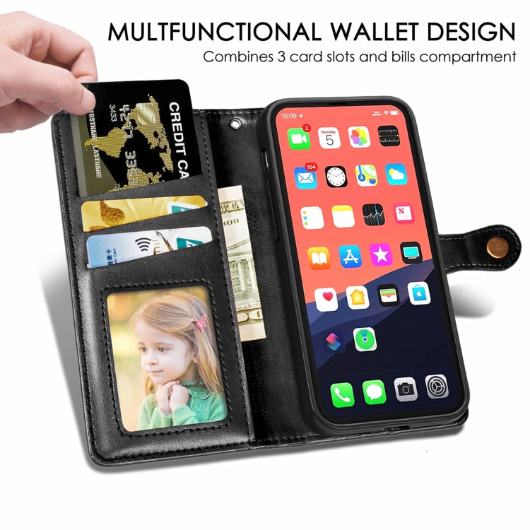 For iPhone 13 mini  Solid Color Leather Buckle Phone Case with Lanyard & Photo Frame & Card Slot & Wallet & Stand Function