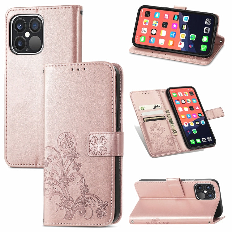 For iPhone 13 Pro Max  Four-leaf Clover Clasp Embossed Buckle Mobile Phone Protection Leather Case with Lanyard & Card Slot & Wallet & Bracket Function