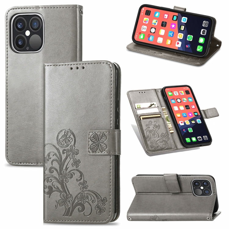 For iPhone 13 Pro Max  Four-leaf Clover Clasp Embossed Buckle Mobile Phone Protection Leather Case with Lanyard & Card Slot & Wallet & Bracket Function