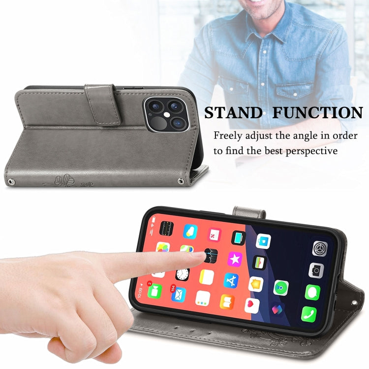 For iPhone 13 Pro Max  Four-leaf Clover Clasp Embossed Buckle Mobile Phone Protection Leather Case with Lanyard & Card Slot & Wallet & Bracket Function