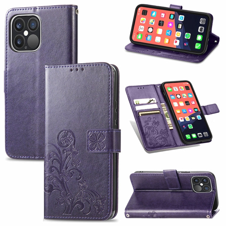 For iPhone 13 Pro Max  Four-leaf Clover Clasp Embossed Buckle Mobile Phone Protection Leather Case with Lanyard & Card Slot & Wallet & Bracket Function