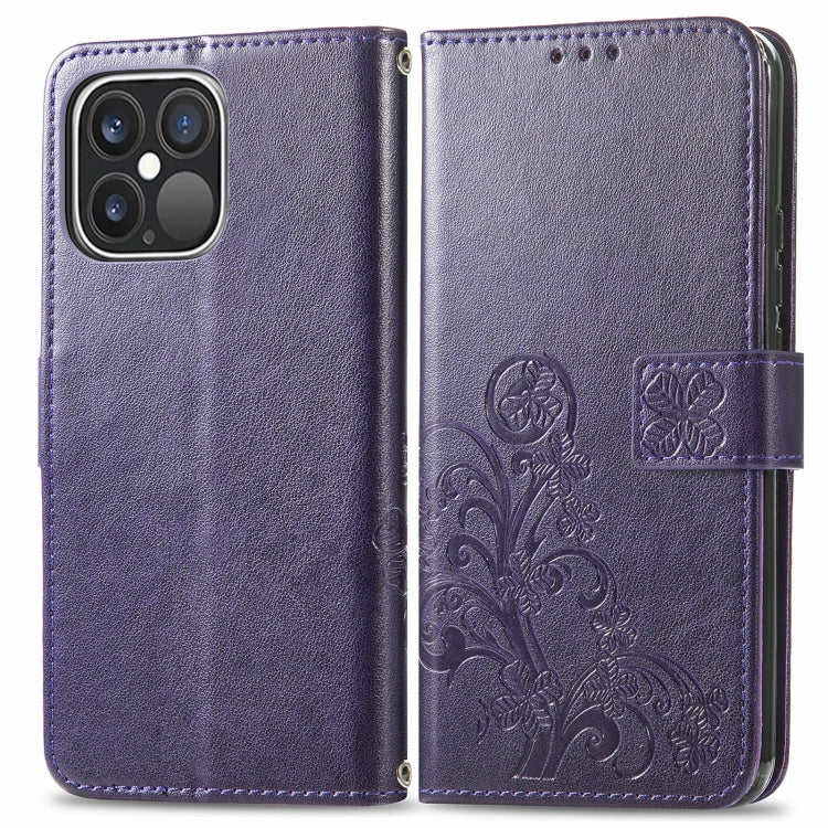 For iPhone 13 Pro Max  Four-leaf Clover Clasp Embossed Buckle Mobile Phone Protection Leather Case with Lanyard & Card Slot & Wallet & Bracket Function