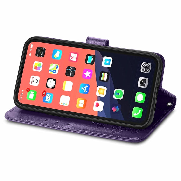 For iPhone 13 Pro Max  Four-leaf Clover Clasp Embossed Buckle Mobile Phone Protection Leather Case with Lanyard & Card Slot & Wallet & Bracket Function