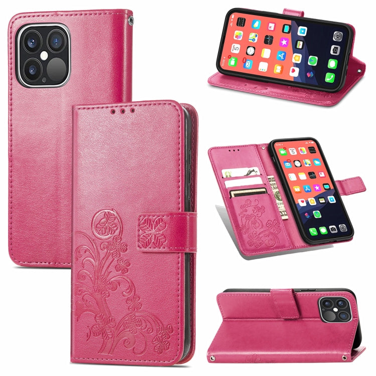 For iPhone 13 Pro Four-leaf Clover Clasp Embossed Buckle Mobile Phone Protection Leather Case with Lanyard & Card Slot & Wallet & Bracket Function