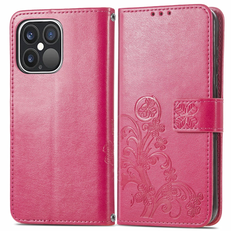 For iPhone 13 Pro Four-leaf Clover Clasp Embossed Buckle Mobile Phone Protection Leather Case with Lanyard & Card Slot & Wallet & Bracket Function