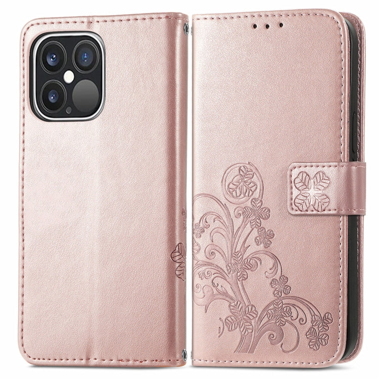 For iPhone 13 Pro Four-leaf Clover Clasp Embossed Buckle Mobile Phone Protection Leather Case with Lanyard & Card Slot & Wallet & Bracket Function