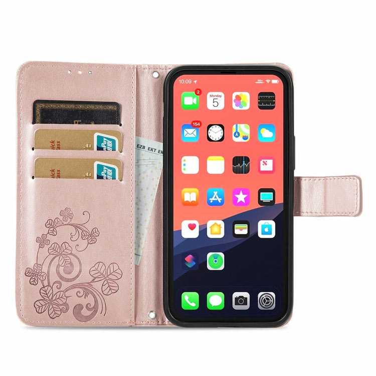 For iPhone 13 Pro Four-leaf Clover Clasp Embossed Buckle Mobile Phone Protection Leather Case with Lanyard & Card Slot & Wallet & Bracket Function