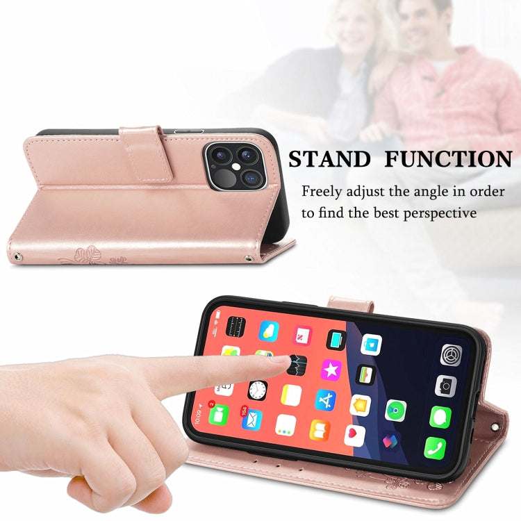 For iPhone 13 Pro Four-leaf Clover Clasp Embossed Buckle Mobile Phone Protection Leather Case with Lanyard & Card Slot & Wallet & Bracket Function