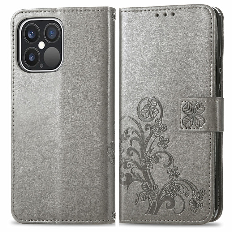 For iPhone 13 Pro Four-leaf Clover Clasp Embossed Buckle Mobile Phone Protection Leather Case with Lanyard & Card Slot & Wallet & Bracket Function