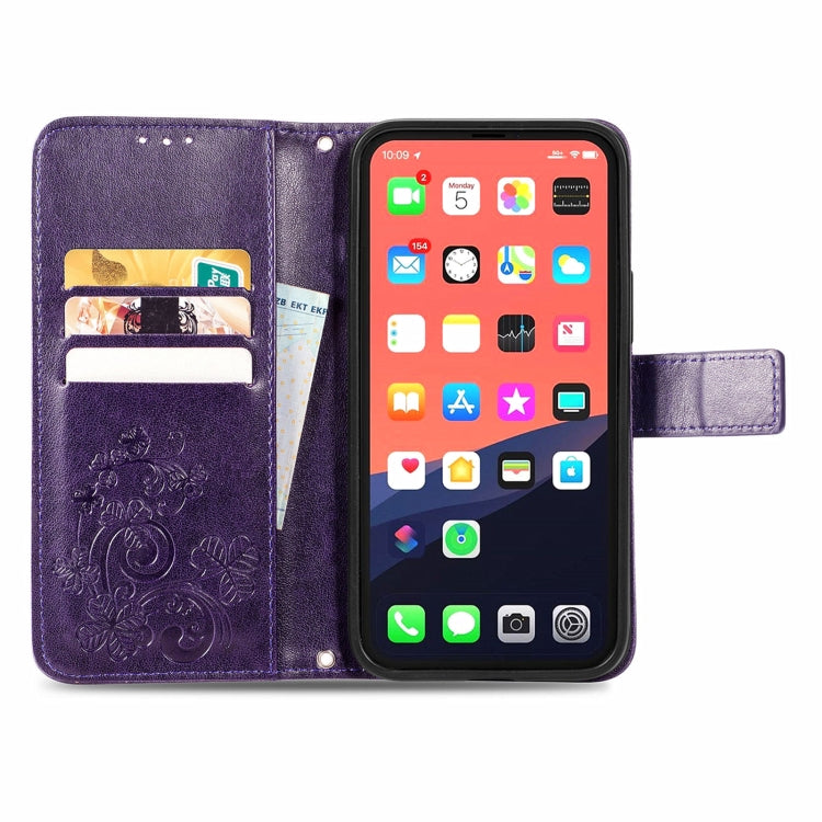 For iPhone 13 Pro Four-leaf Clover Clasp Embossed Buckle Mobile Phone Protection Leather Case with Lanyard & Card Slot & Wallet & Bracket Function