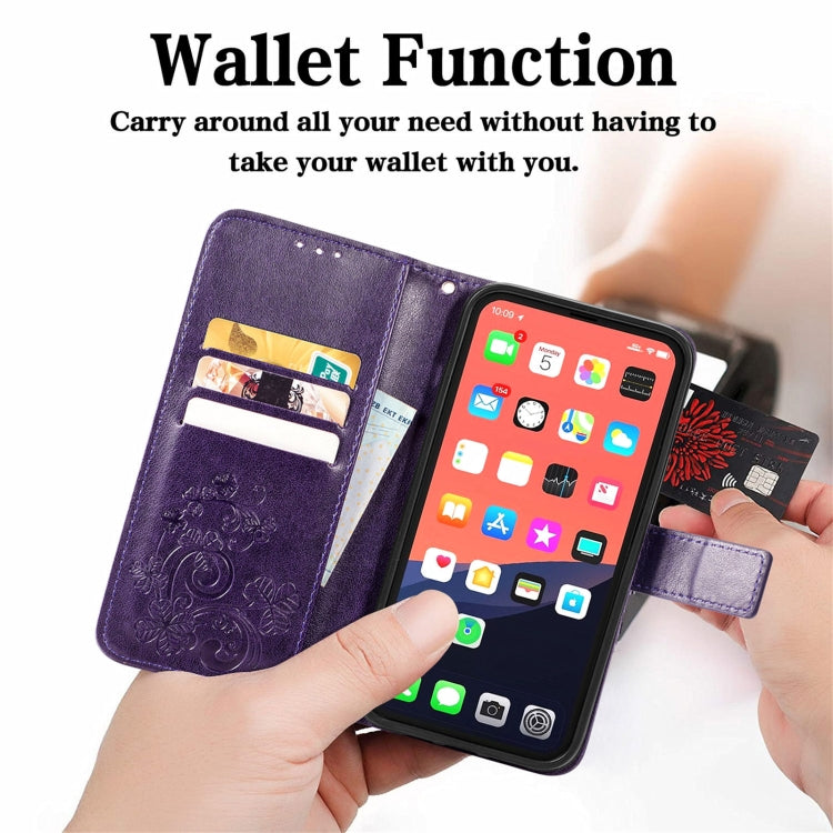 For iPhone 13 Pro Four-leaf Clover Clasp Embossed Buckle Mobile Phone Protection Leather Case with Lanyard & Card Slot & Wallet & Bracket Function