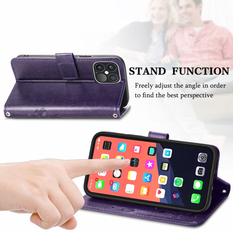 For iPhone 13 Pro Four-leaf Clover Clasp Embossed Buckle Mobile Phone Protection Leather Case with Lanyard & Card Slot & Wallet & Bracket Function