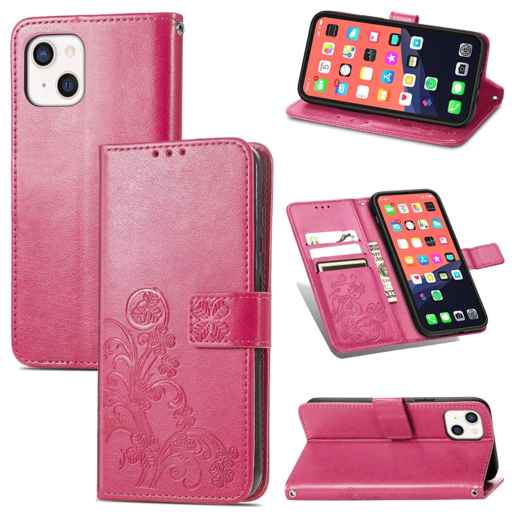 For iPhone 13 Four-leaf Clover Clasp Embossed Buckle Mobile Phone Protection Leather Case with Lanyard & Card Slot & Wallet & Bracket Function