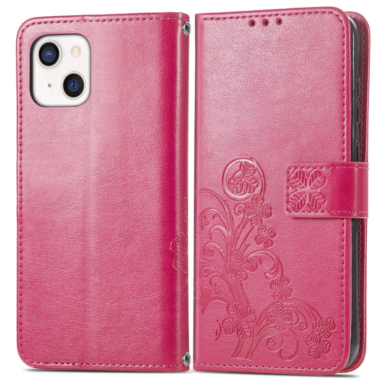 For iPhone 13 Four-leaf Clover Clasp Embossed Buckle Mobile Phone Protection Leather Case with Lanyard & Card Slot & Wallet & Bracket Function