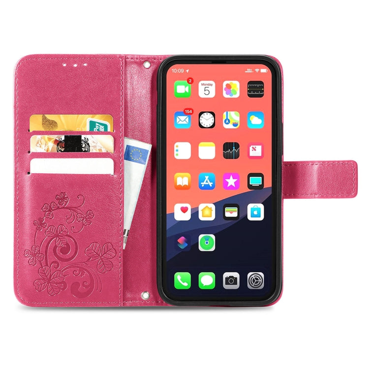 For iPhone 13 Four-leaf Clover Clasp Embossed Buckle Mobile Phone Protection Leather Case with Lanyard & Card Slot & Wallet & Bracket Function