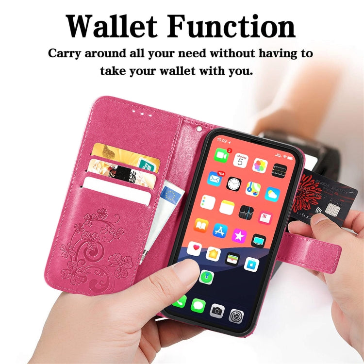 For iPhone 13 Four-leaf Clover Clasp Embossed Buckle Mobile Phone Protection Leather Case with Lanyard & Card Slot & Wallet & Bracket Function