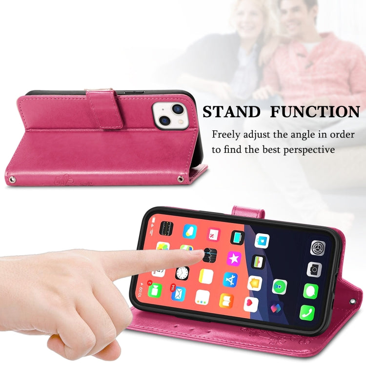 For iPhone 13 Four-leaf Clover Clasp Embossed Buckle Mobile Phone Protection Leather Case with Lanyard & Card Slot & Wallet & Bracket Function