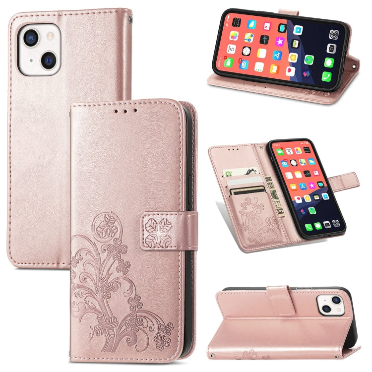 For iPhone 13 Four-leaf Clover Clasp Embossed Buckle Mobile Phone Protection Leather Case with Lanyard & Card Slot & Wallet & Bracket Function
