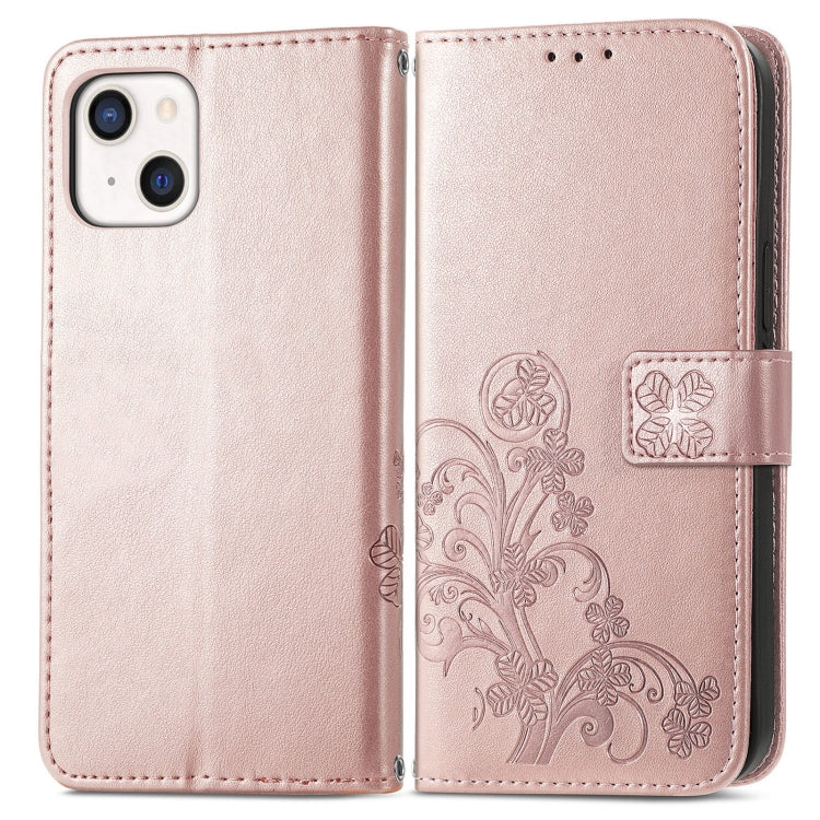 For iPhone 13 Four-leaf Clover Clasp Embossed Buckle Mobile Phone Protection Leather Case with Lanyard & Card Slot & Wallet & Bracket Function