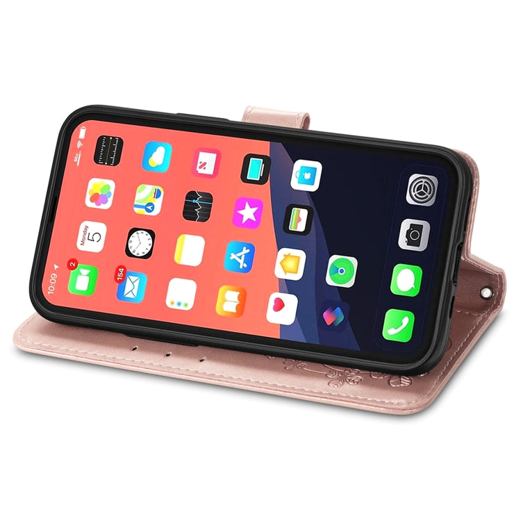 For iPhone 13 Four-leaf Clover Clasp Embossed Buckle Mobile Phone Protection Leather Case with Lanyard & Card Slot & Wallet & Bracket Function