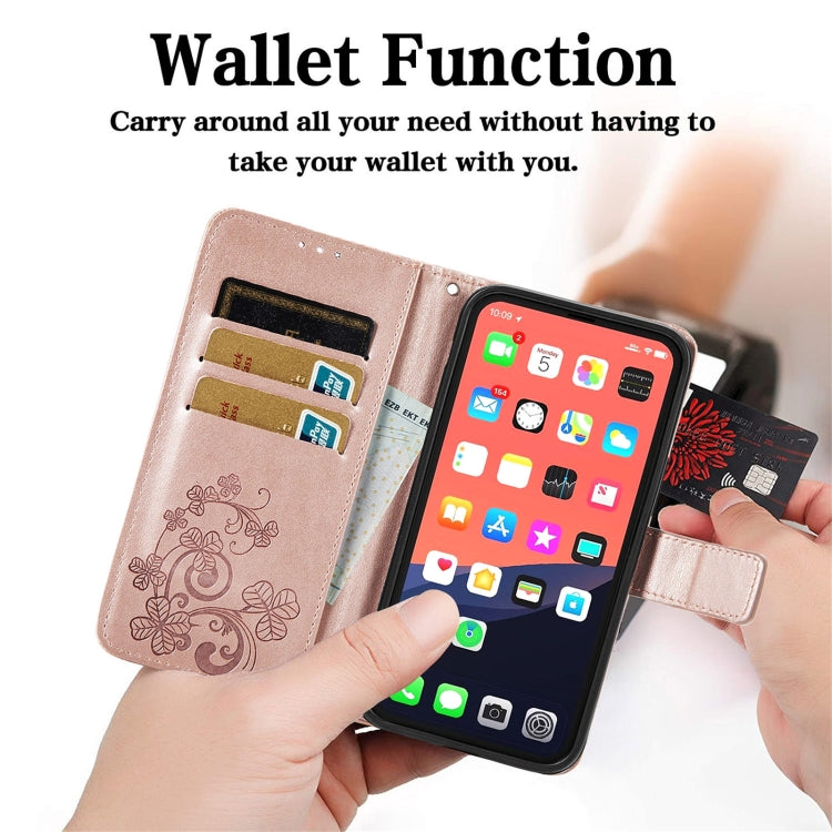 For iPhone 13 Four-leaf Clover Clasp Embossed Buckle Mobile Phone Protection Leather Case with Lanyard & Card Slot & Wallet & Bracket Function