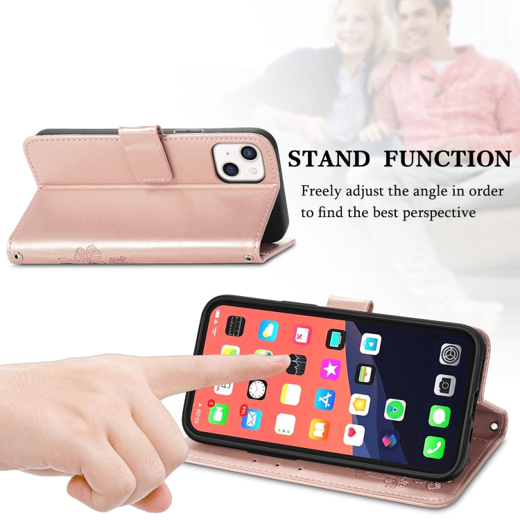 For iPhone 13 Four-leaf Clover Clasp Embossed Buckle Mobile Phone Protection Leather Case with Lanyard & Card Slot & Wallet & Bracket Function
