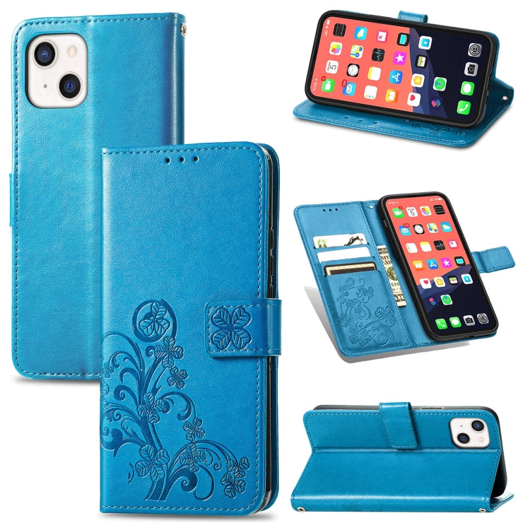 For iPhone 13 Four-leaf Clover Clasp Embossed Buckle Mobile Phone Protection Leather Case with Lanyard & Card Slot & Wallet & Bracket Function