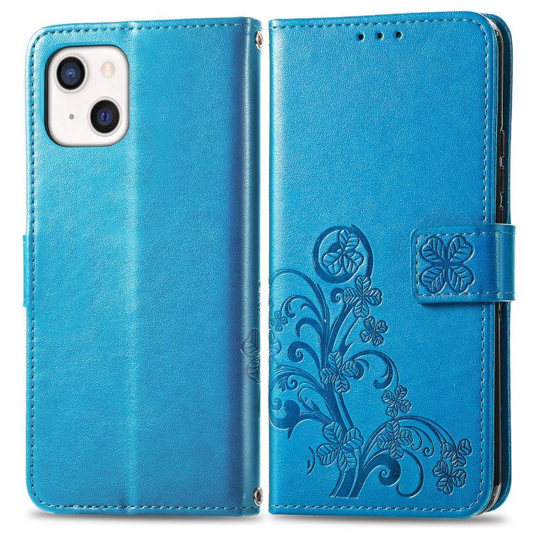 For iPhone 13 Four-leaf Clover Clasp Embossed Buckle Mobile Phone Protection Leather Case with Lanyard & Card Slot & Wallet & Bracket Function