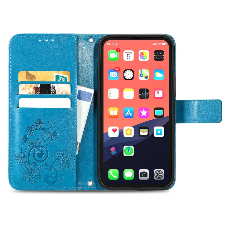 For iPhone 13 Four-leaf Clover Clasp Embossed Buckle Mobile Phone Protection Leather Case with Lanyard & Card Slot & Wallet & Bracket Function