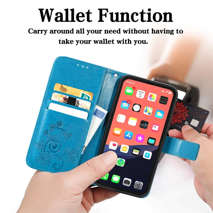 For iPhone 13 Four-leaf Clover Clasp Embossed Buckle Mobile Phone Protection Leather Case with Lanyard & Card Slot & Wallet & Bracket Function