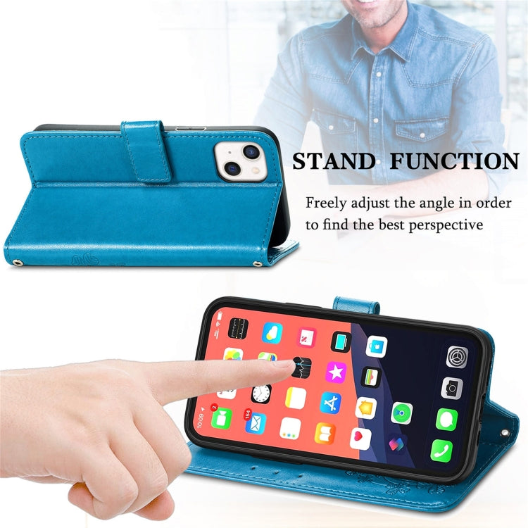 For iPhone 13 Four-leaf Clover Clasp Embossed Buckle Mobile Phone Protection Leather Case with Lanyard & Card Slot & Wallet & Bracket Function