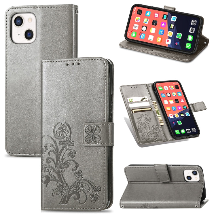 For iPhone 13 Four-leaf Clover Clasp Embossed Buckle Mobile Phone Protection Leather Case with Lanyard & Card Slot & Wallet & Bracket Function