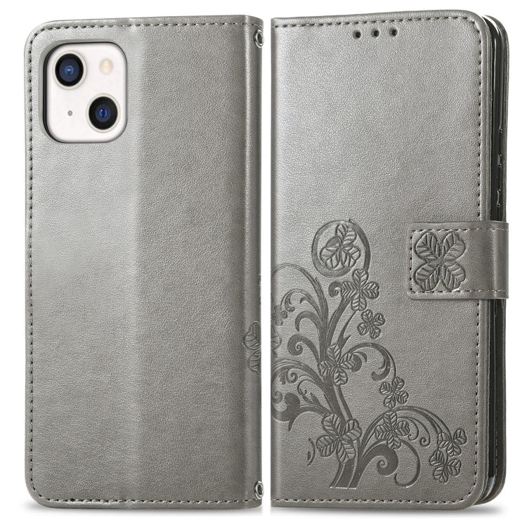 For iPhone 13 Four-leaf Clover Clasp Embossed Buckle Mobile Phone Protection Leather Case with Lanyard & Card Slot & Wallet & Bracket Function