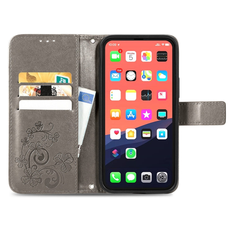 For iPhone 13 Four-leaf Clover Clasp Embossed Buckle Mobile Phone Protection Leather Case with Lanyard & Card Slot & Wallet & Bracket Function