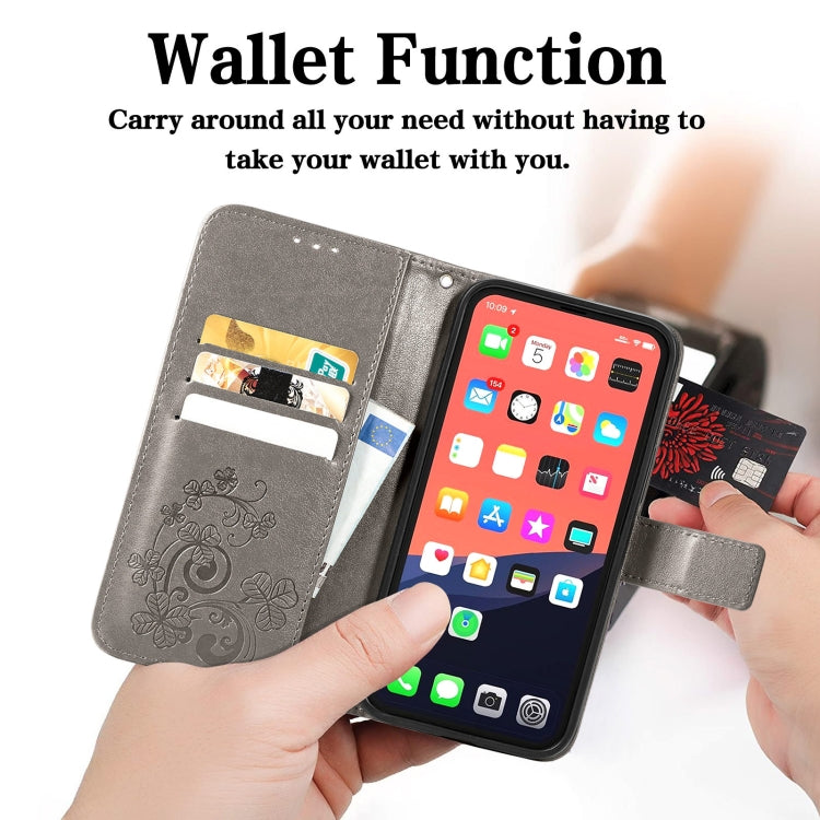 For iPhone 13 Four-leaf Clover Clasp Embossed Buckle Mobile Phone Protection Leather Case with Lanyard & Card Slot & Wallet & Bracket Function