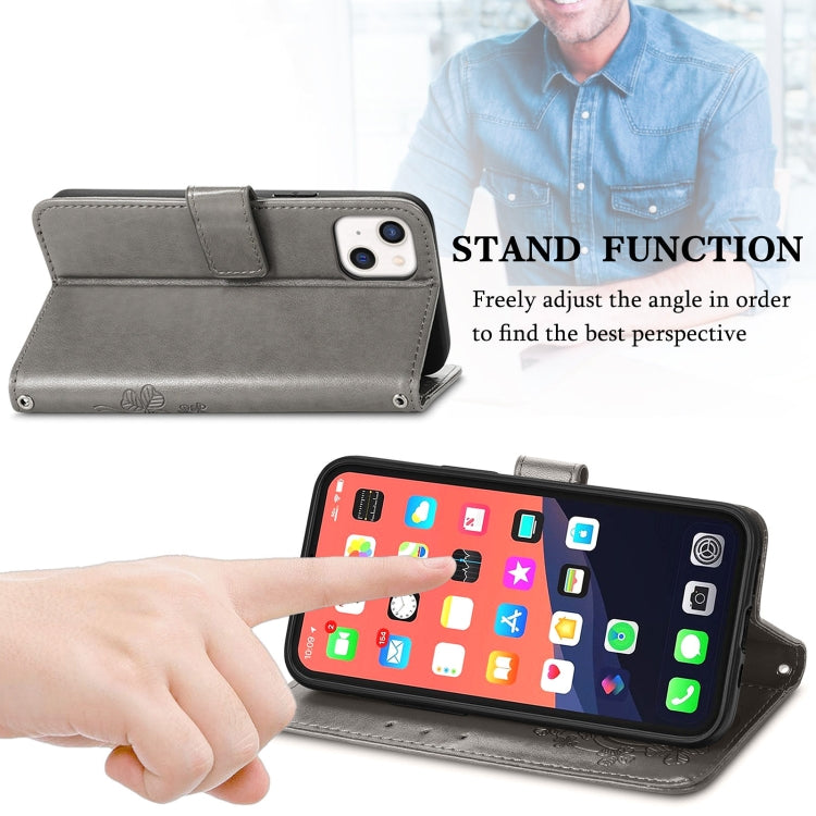 For iPhone 13 Four-leaf Clover Clasp Embossed Buckle Mobile Phone Protection Leather Case with Lanyard & Card Slot & Wallet & Bracket Function