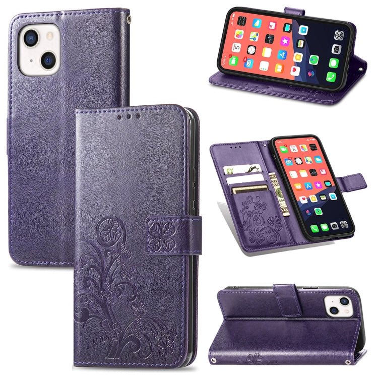 For iPhone 13 Four-leaf Clover Clasp Embossed Buckle Mobile Phone Protection Leather Case with Lanyard & Card Slot & Wallet & Bracket Function