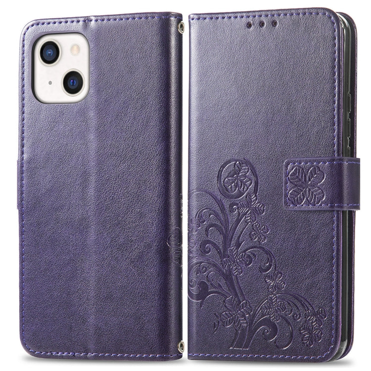 For iPhone 13 Four-leaf Clover Clasp Embossed Buckle Mobile Phone Protection Leather Case with Lanyard & Card Slot & Wallet & Bracket Function