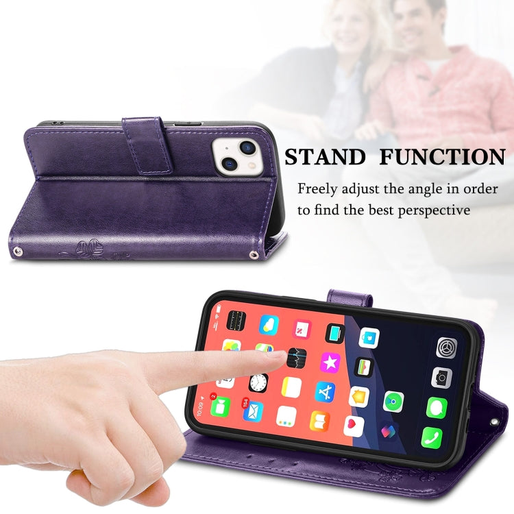 For iPhone 13 Four-leaf Clover Clasp Embossed Buckle Mobile Phone Protection Leather Case with Lanyard & Card Slot & Wallet & Bracket Function
