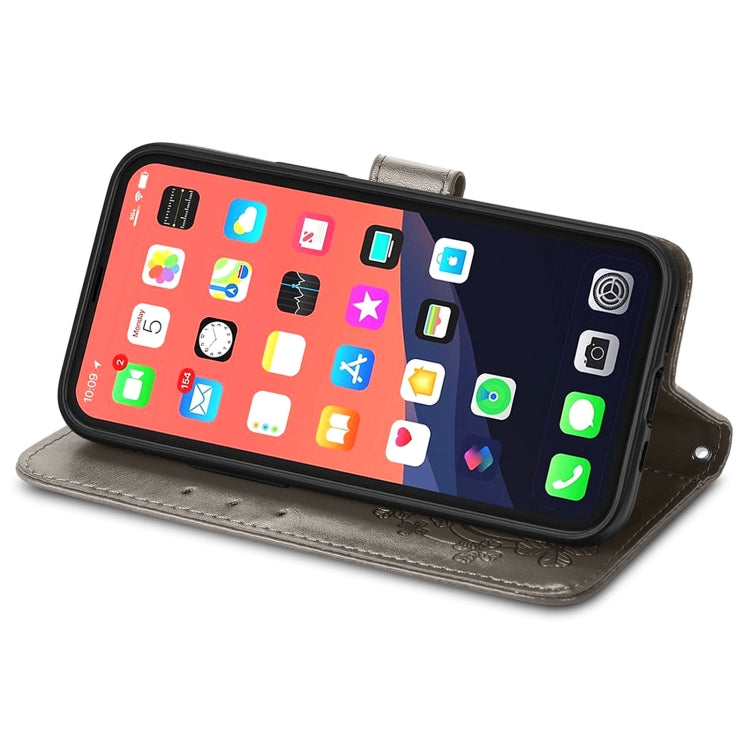For iPhone 13 mini  Four-leaf Clover Clasp Embossed Buckle Mobile Phone Protection Leather Case with Lanyard & Card Slot & Wallet & Bracket Function